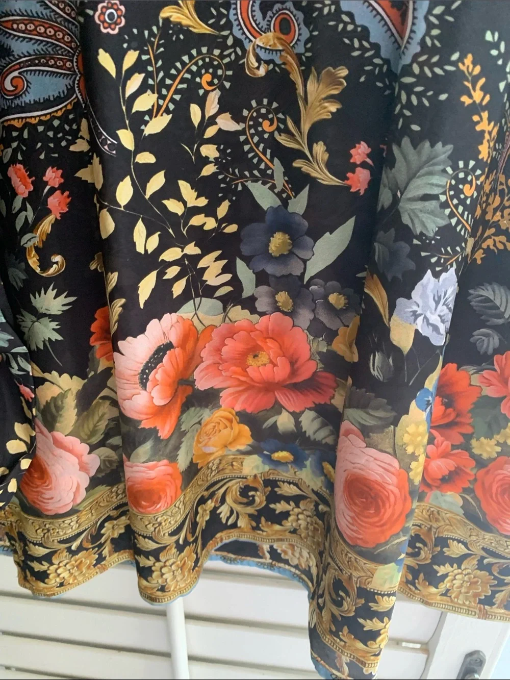 Johnny Was Black Floral Paisley V-Neck Tunic with Gold Trim - Picture 7 of 8
